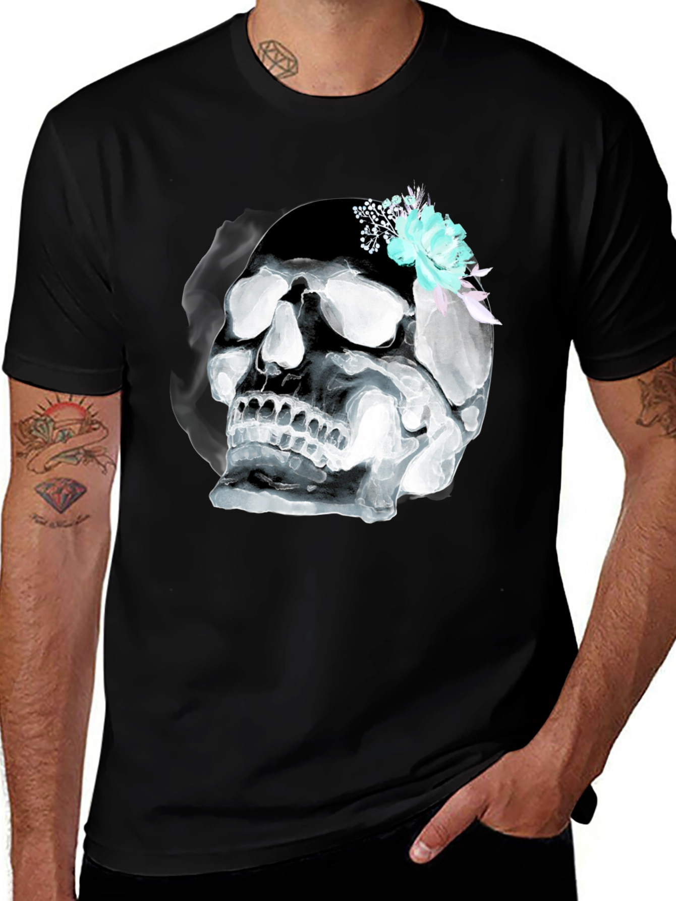 Skull & Flowers Graphic Tee - Mens Black T-Shirt