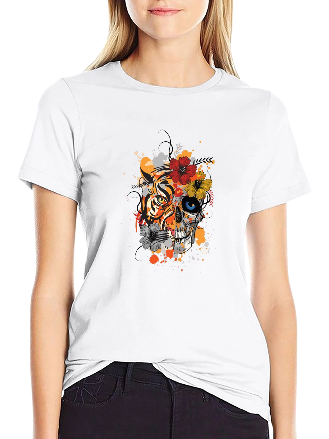 Tiger & Skull Floral Graphic T-Shirt
