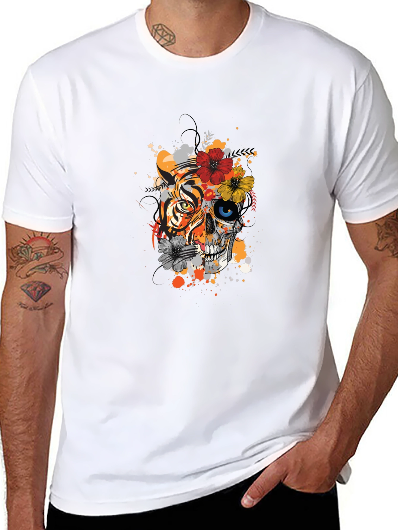 Tiger & Skull Floral Graphic T-Shirt