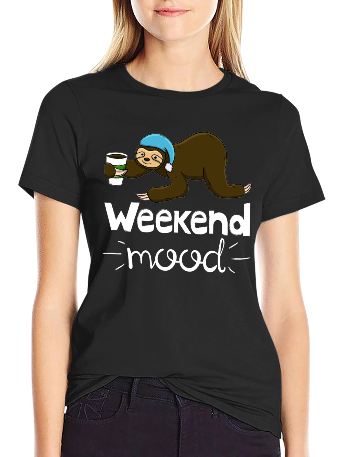 Weekend Mood Sloth Graphic Tee - Black