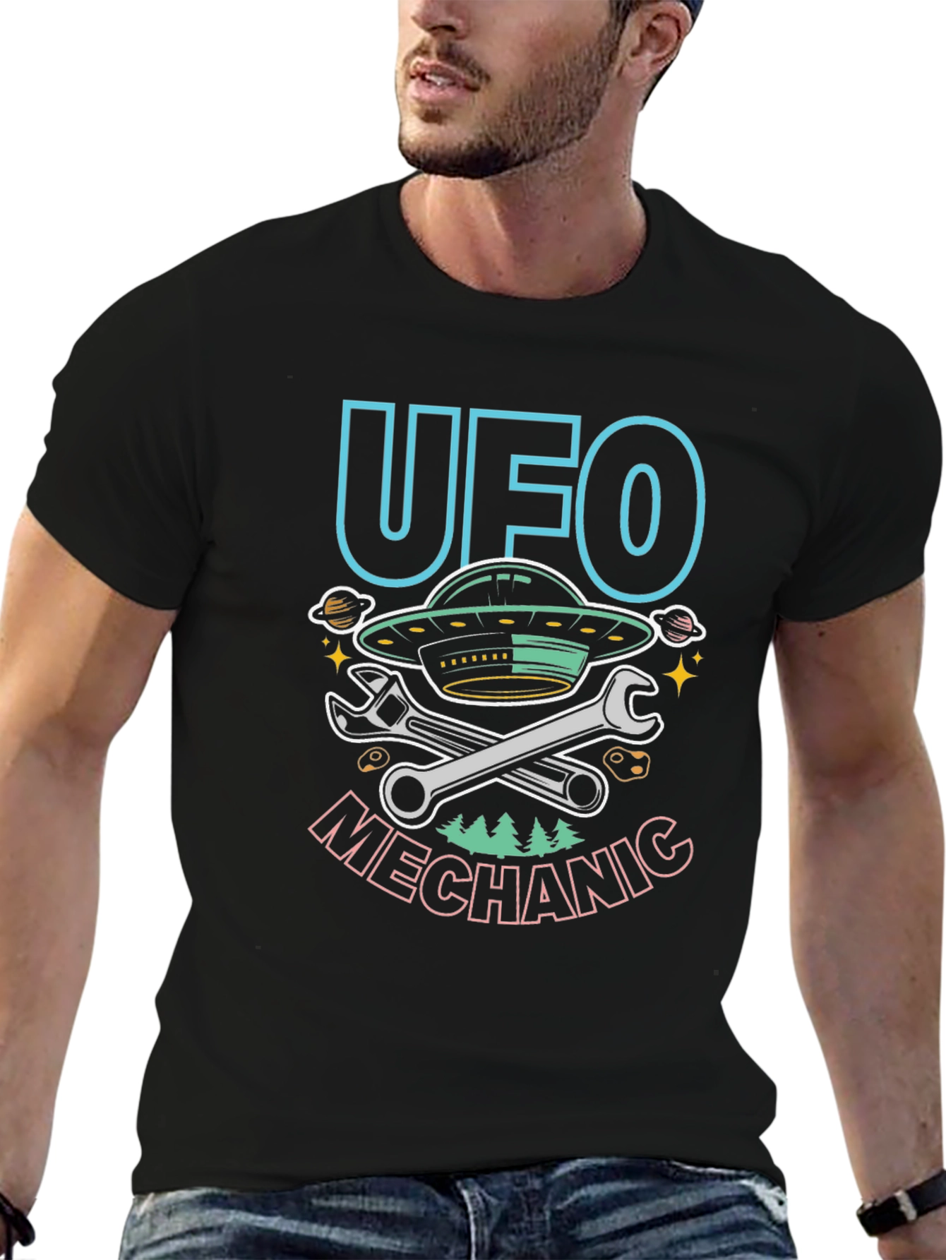UFO Mechanic Graphic T-Shirt - Space Humor Tee