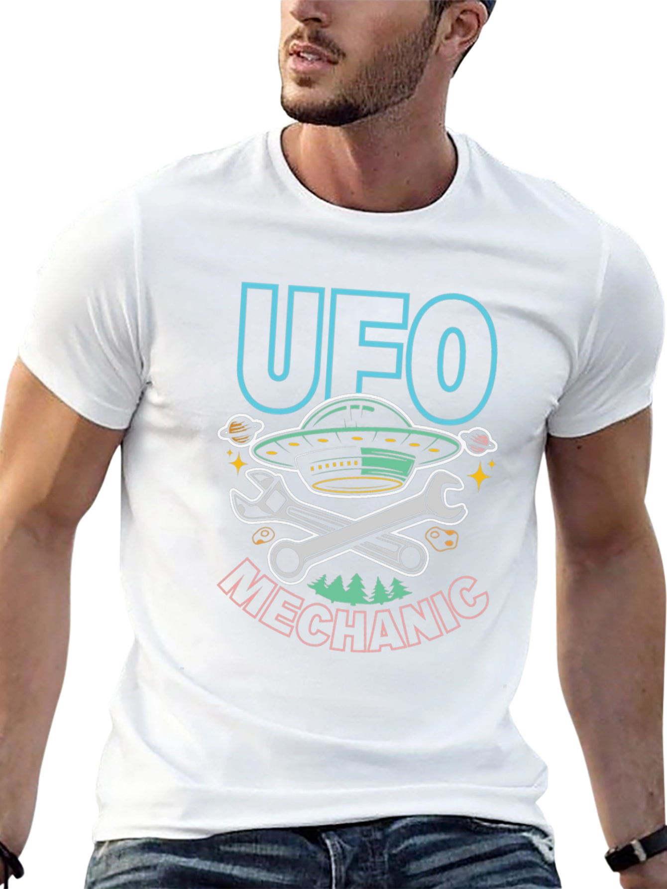 UFO Mechanic Graphic T-Shirt - Space Humor Tee