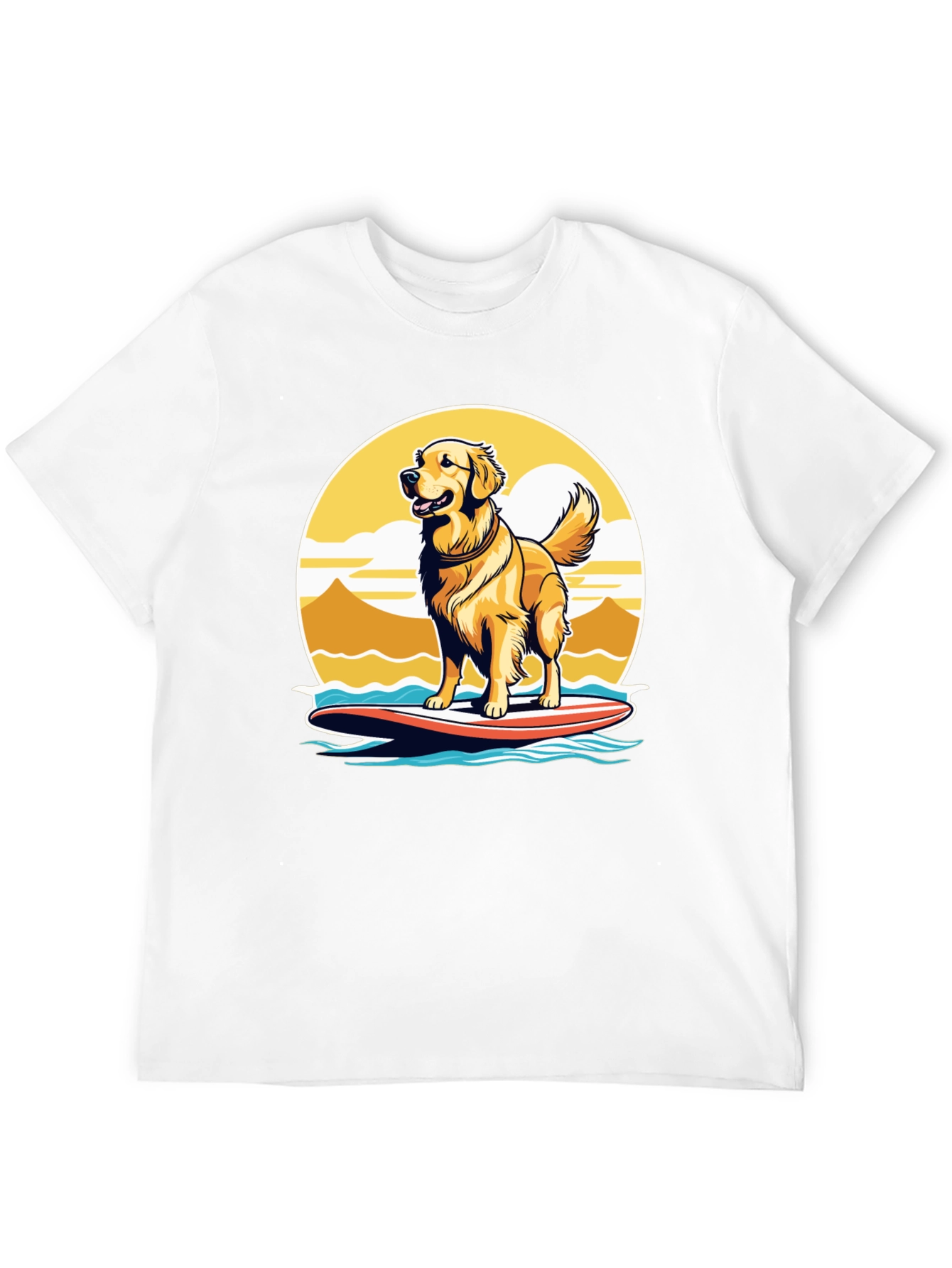 Surfing Dog Graphic Tee - Golden Retriever on Surfboard