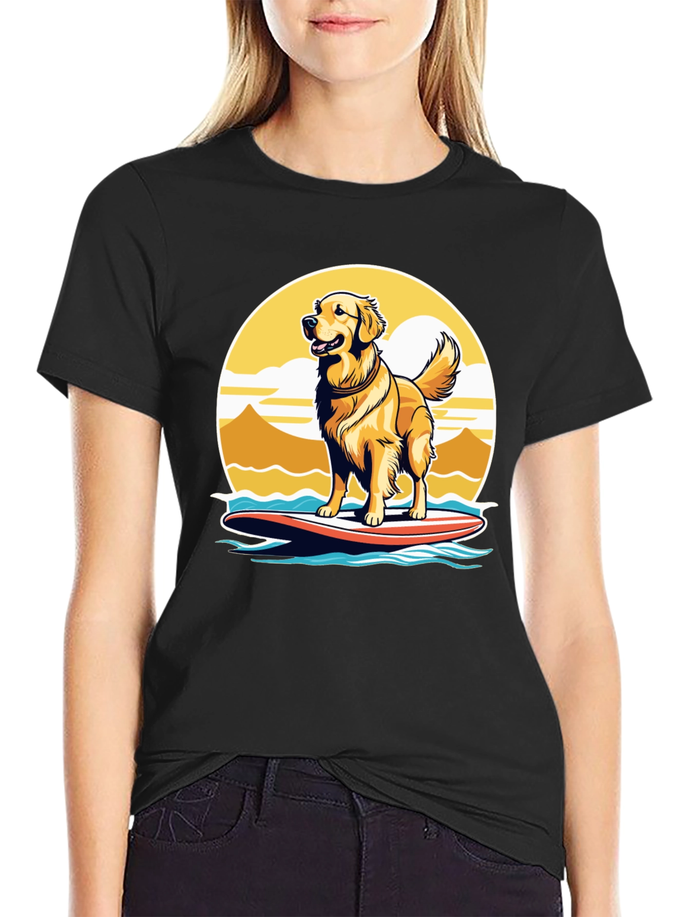 Surfing Dog Graphic Tee - Golden Retriever on Surfboard