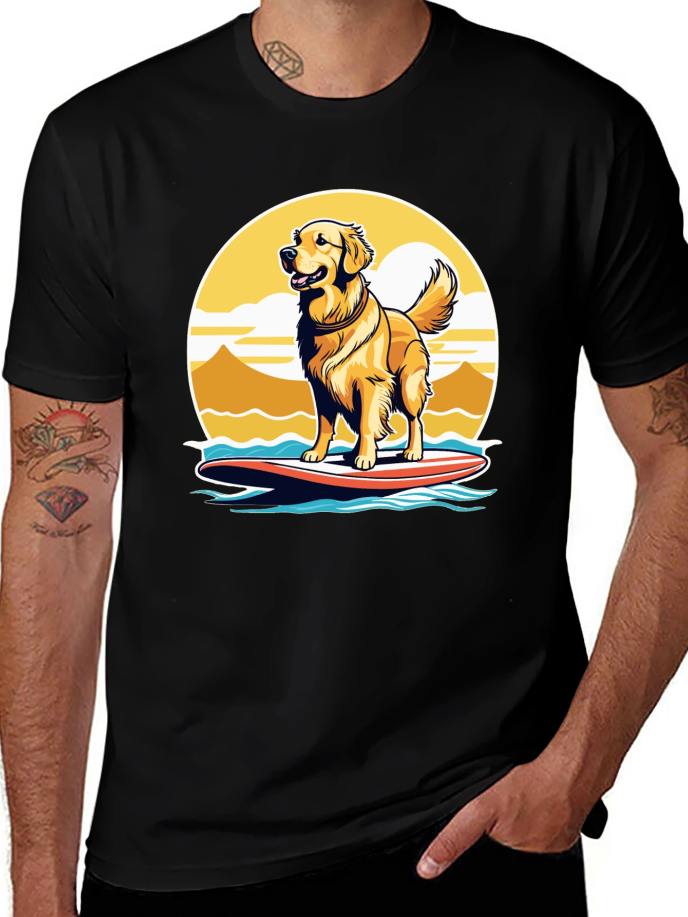 Surfing Dog Graphic Tee - Golden Retriever on Surfboard