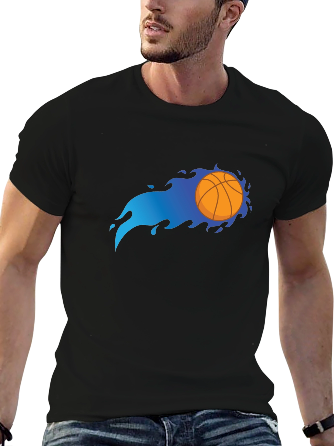 Flaming Basketball Graphic Black T-Shirt