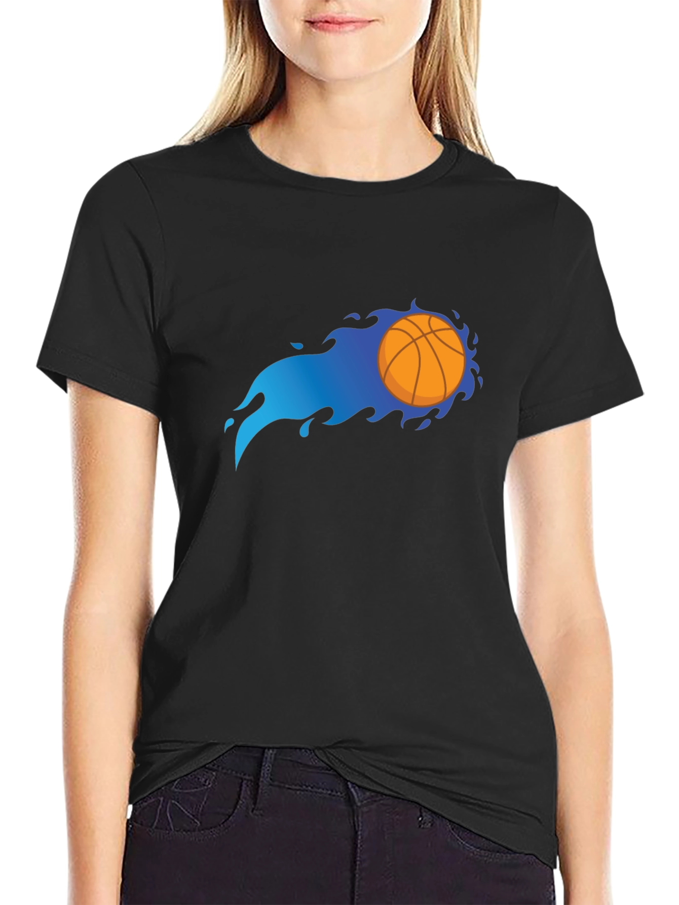 Flaming Basketball Graphic Black T-Shirt