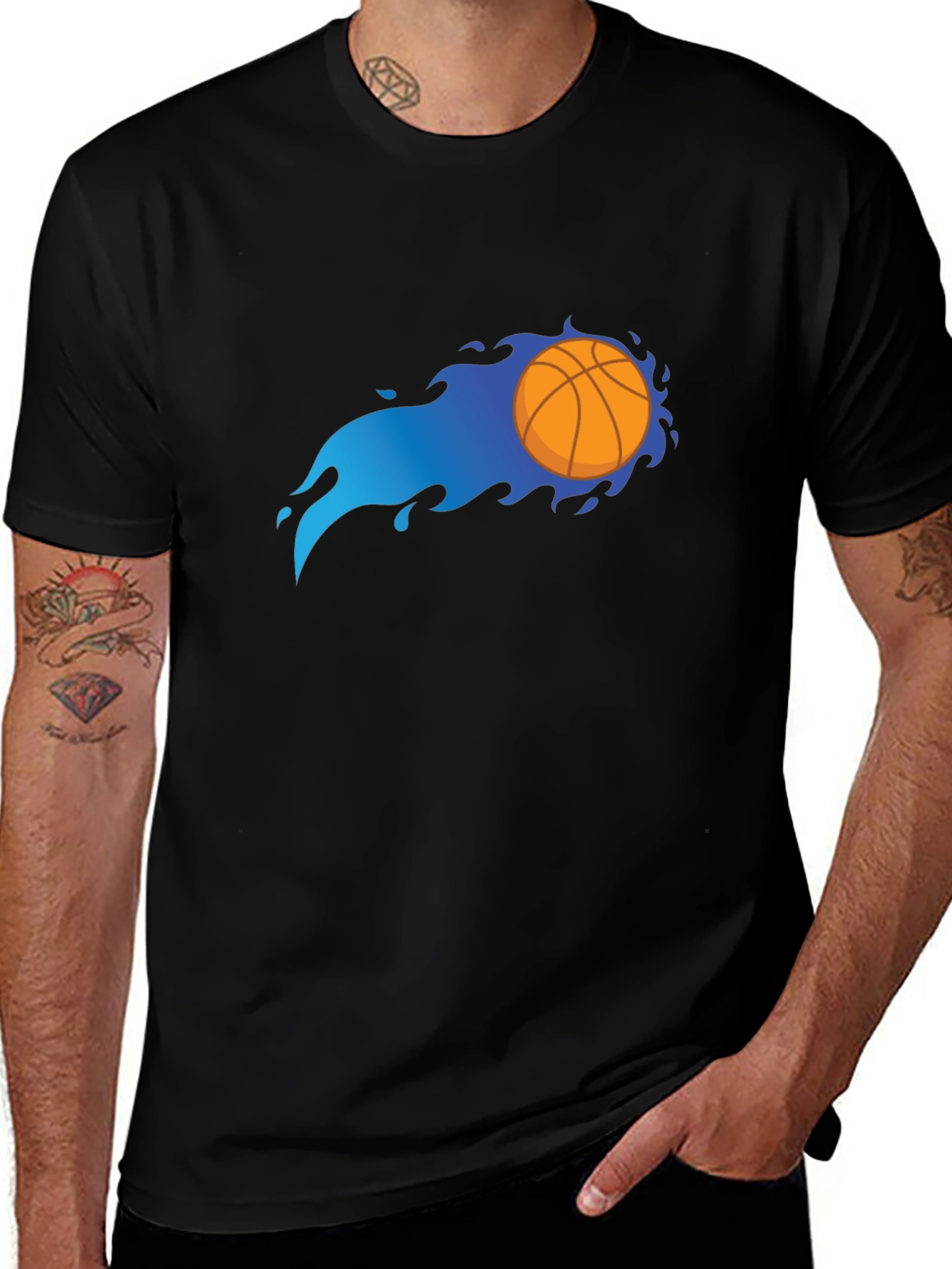 Flaming Basketball Graphic Black T-Shirt