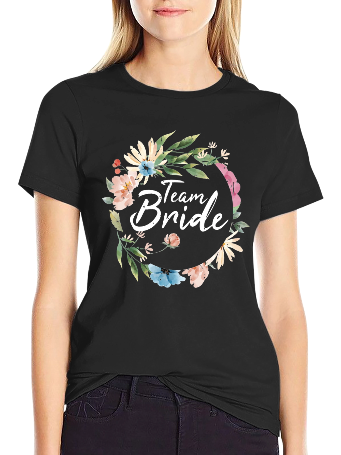 Team Bride Floral Wreath Black T-Shirt