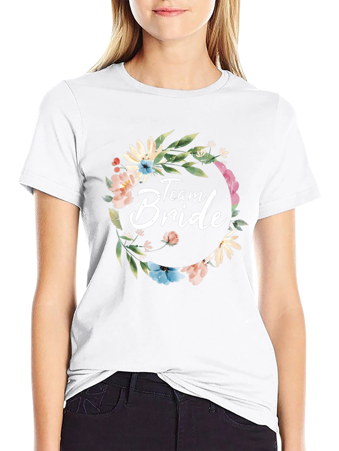 Team Bride Floral Wreath Black T-Shirt