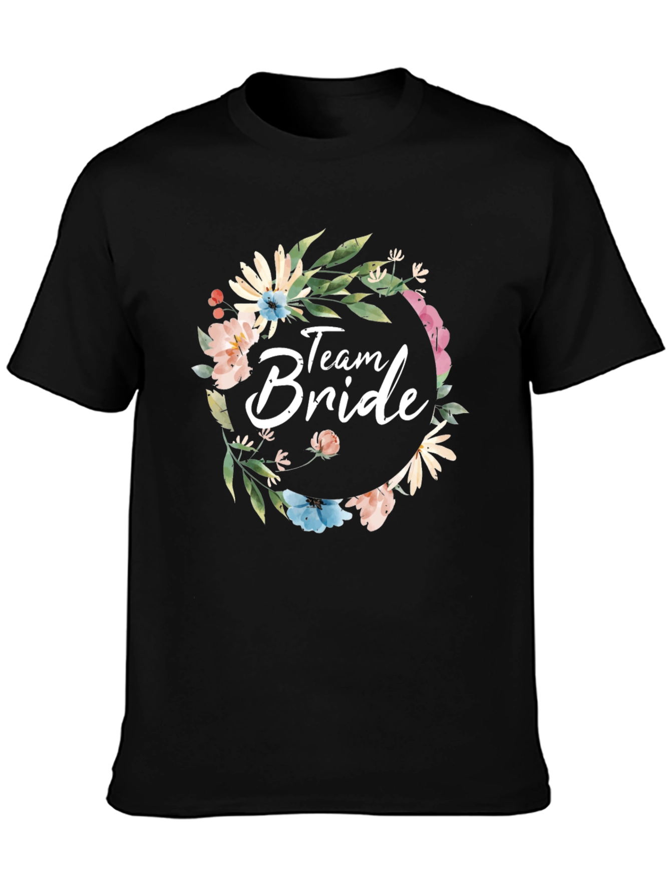Team Bride Floral Wreath Black T-Shirt