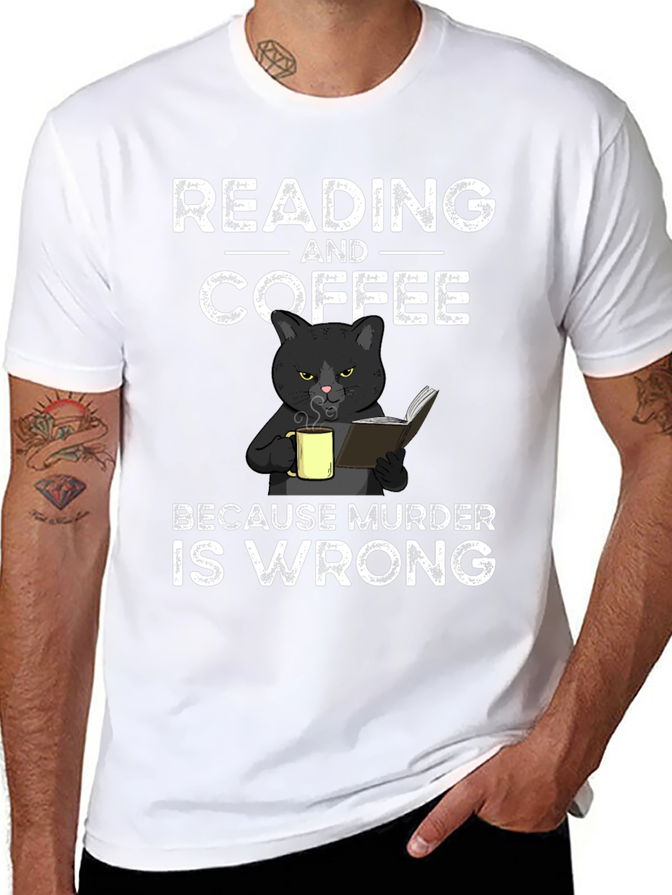 Reading and Coffee T-Shirt Black Cat Murder Funny Tee