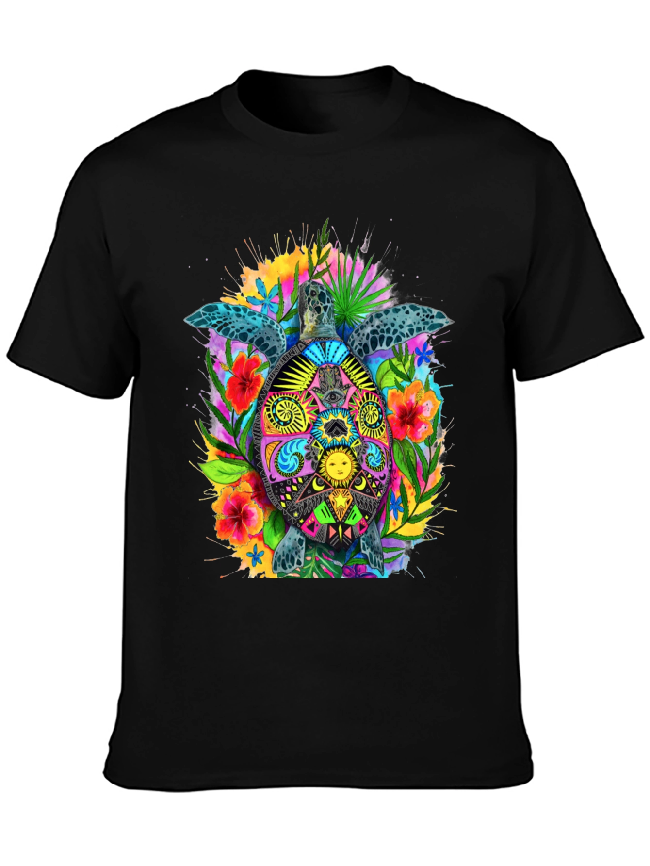 Vibrant Turtle Graphic Tee - Black Cotton Blend