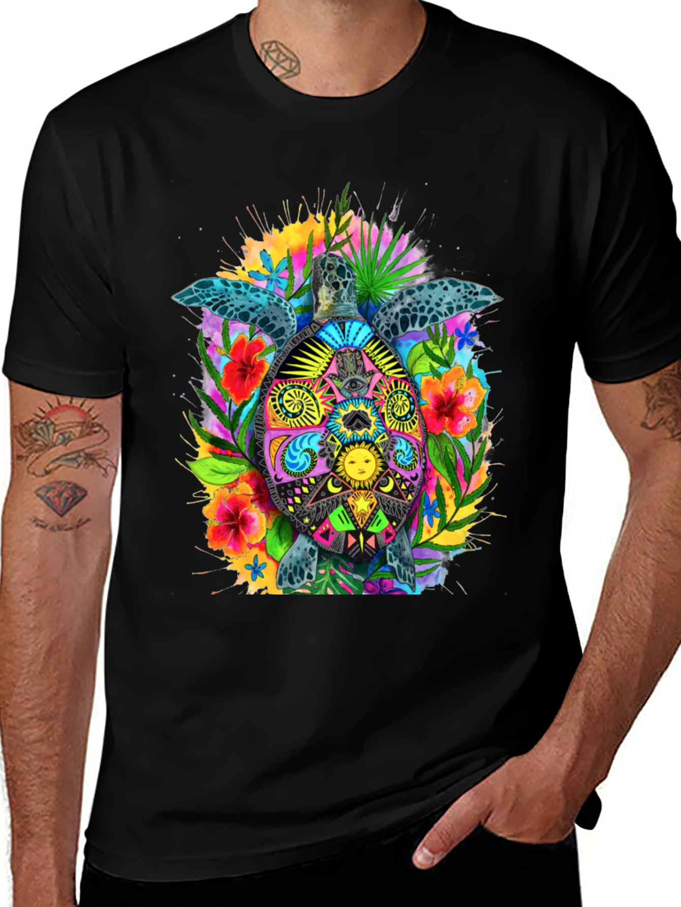 Vibrant Turtle Graphic Tee - Black Cotton Blend