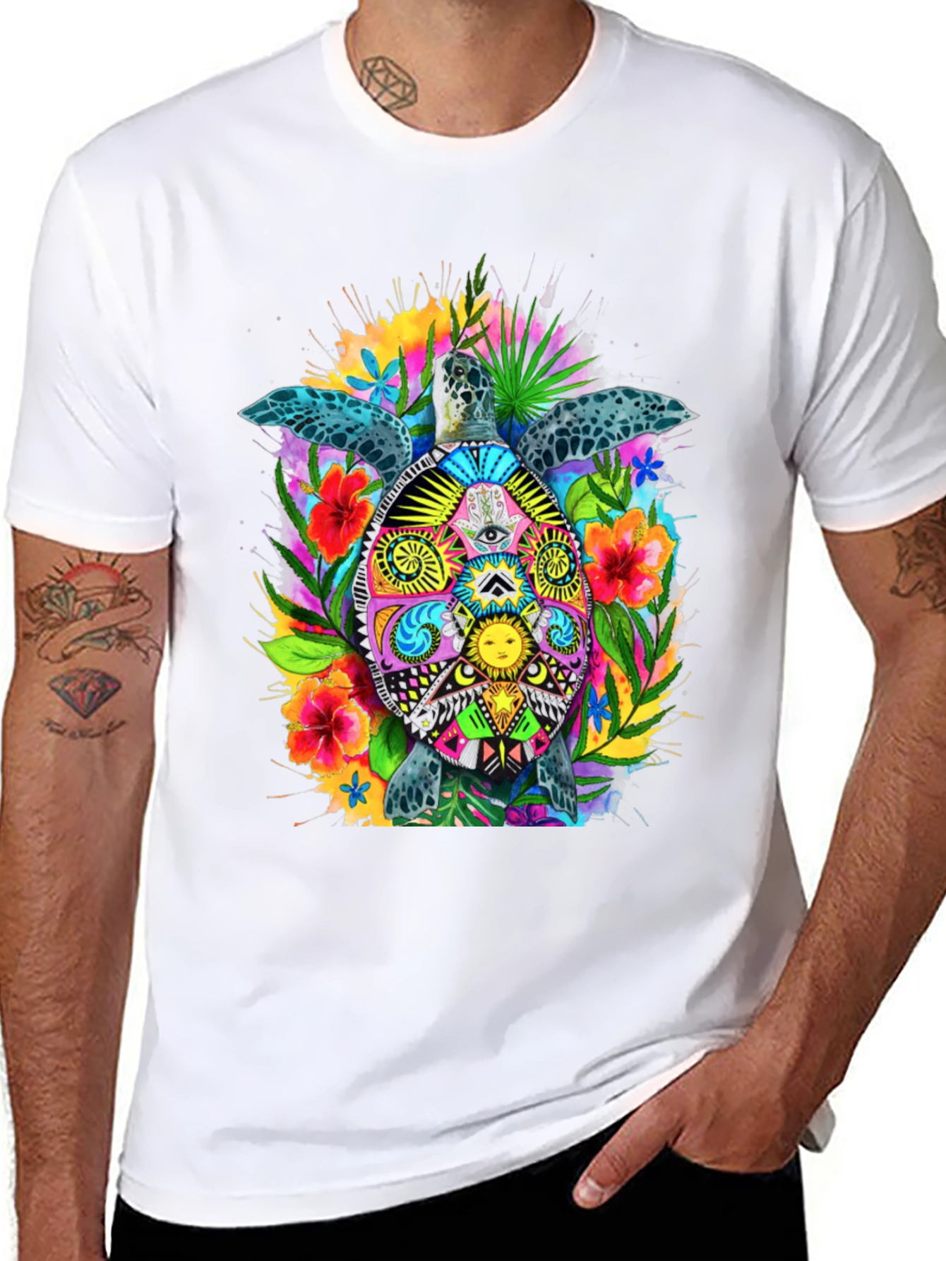 Vibrant Turtle Graphic Tee - Black Cotton Blend