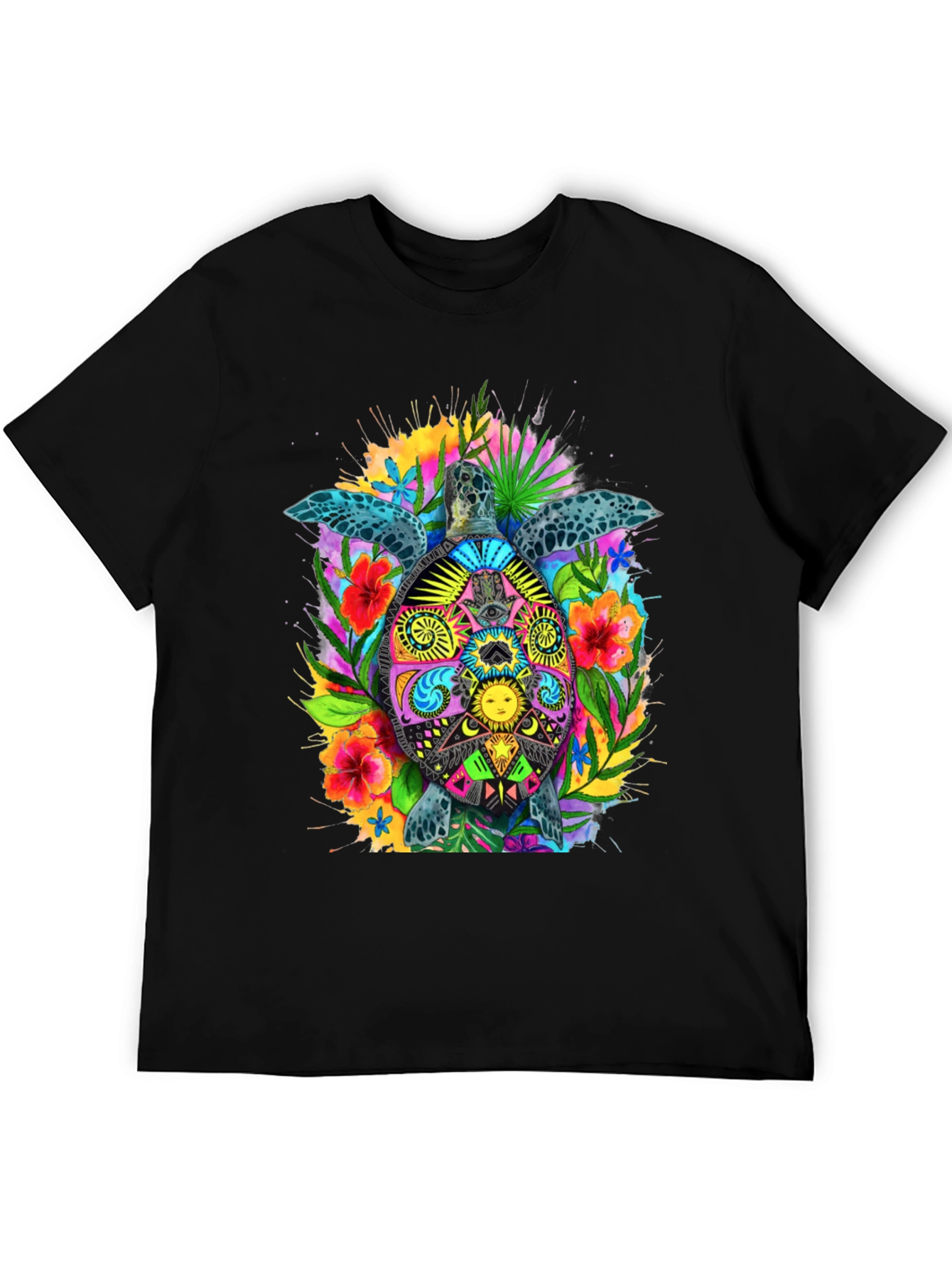 Vibrant Turtle Graphic Tee - Black Cotton Blend