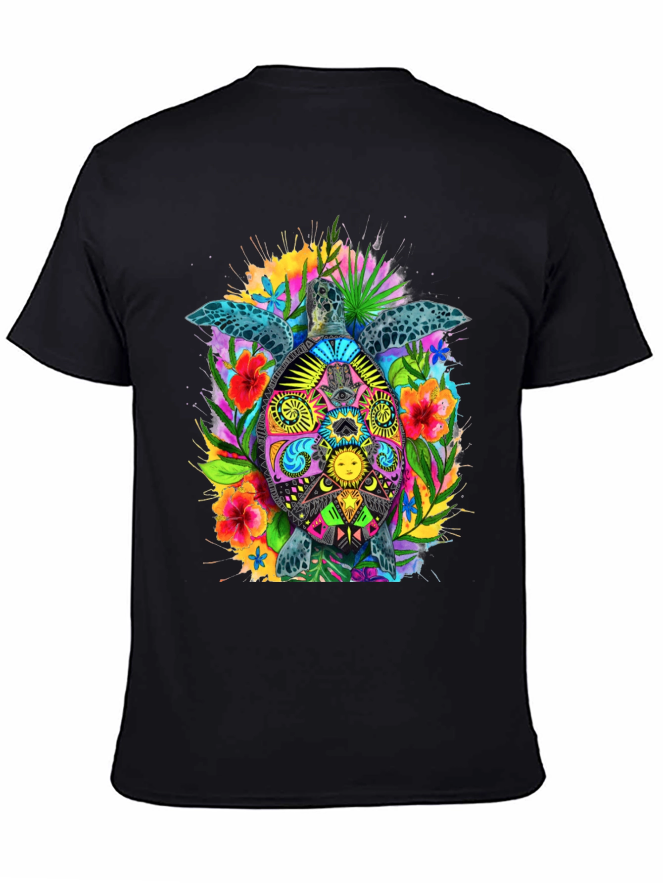 Vibrant Turtle Graphic Tee - Black Cotton Blend