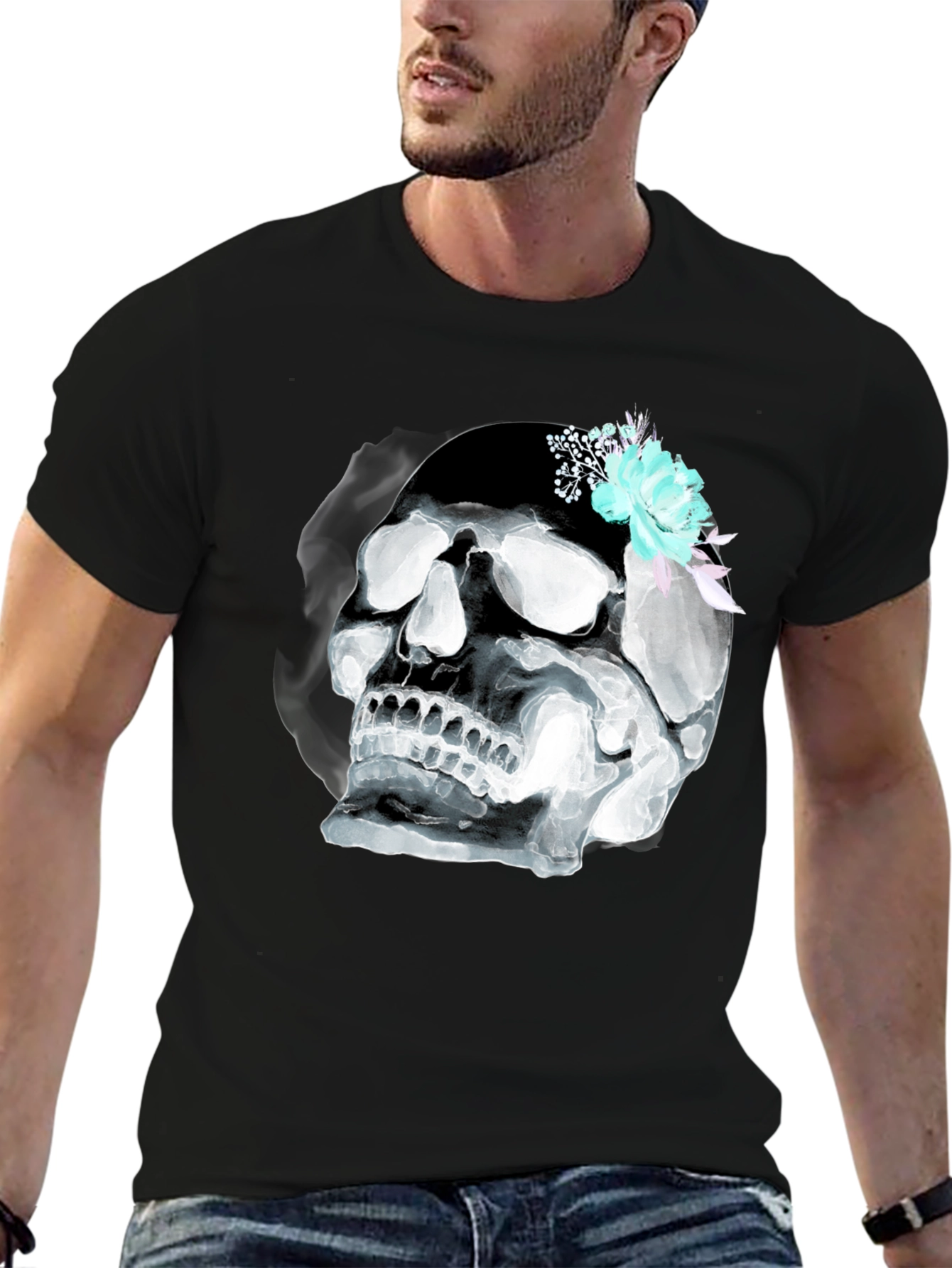 Skull & Flowers Graphic Tee - Mens Black T-Shirt