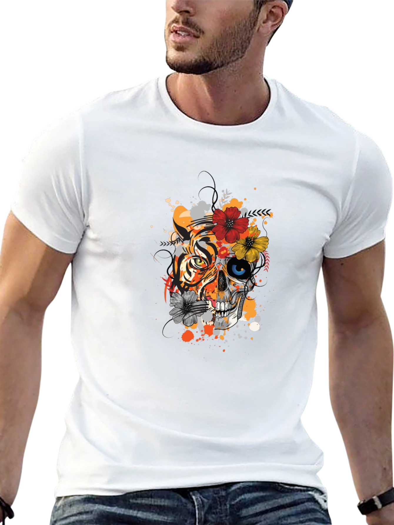 Tiger & Skull Floral Graphic T-Shirt