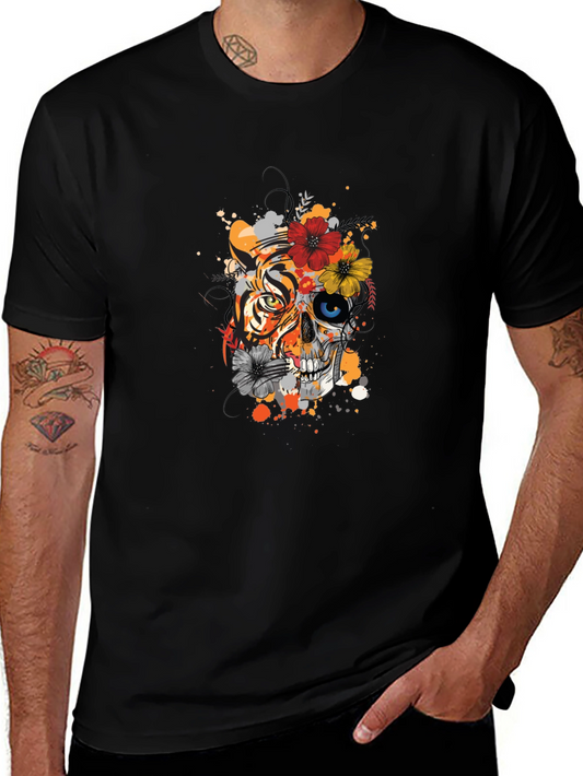 Tiger & Skull Floral Graphic T-Shirt