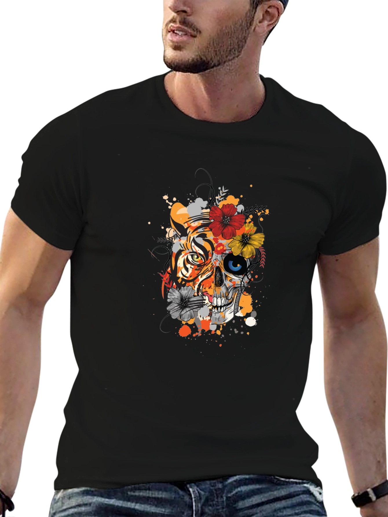 Tiger & Skull Floral Graphic T-Shirt