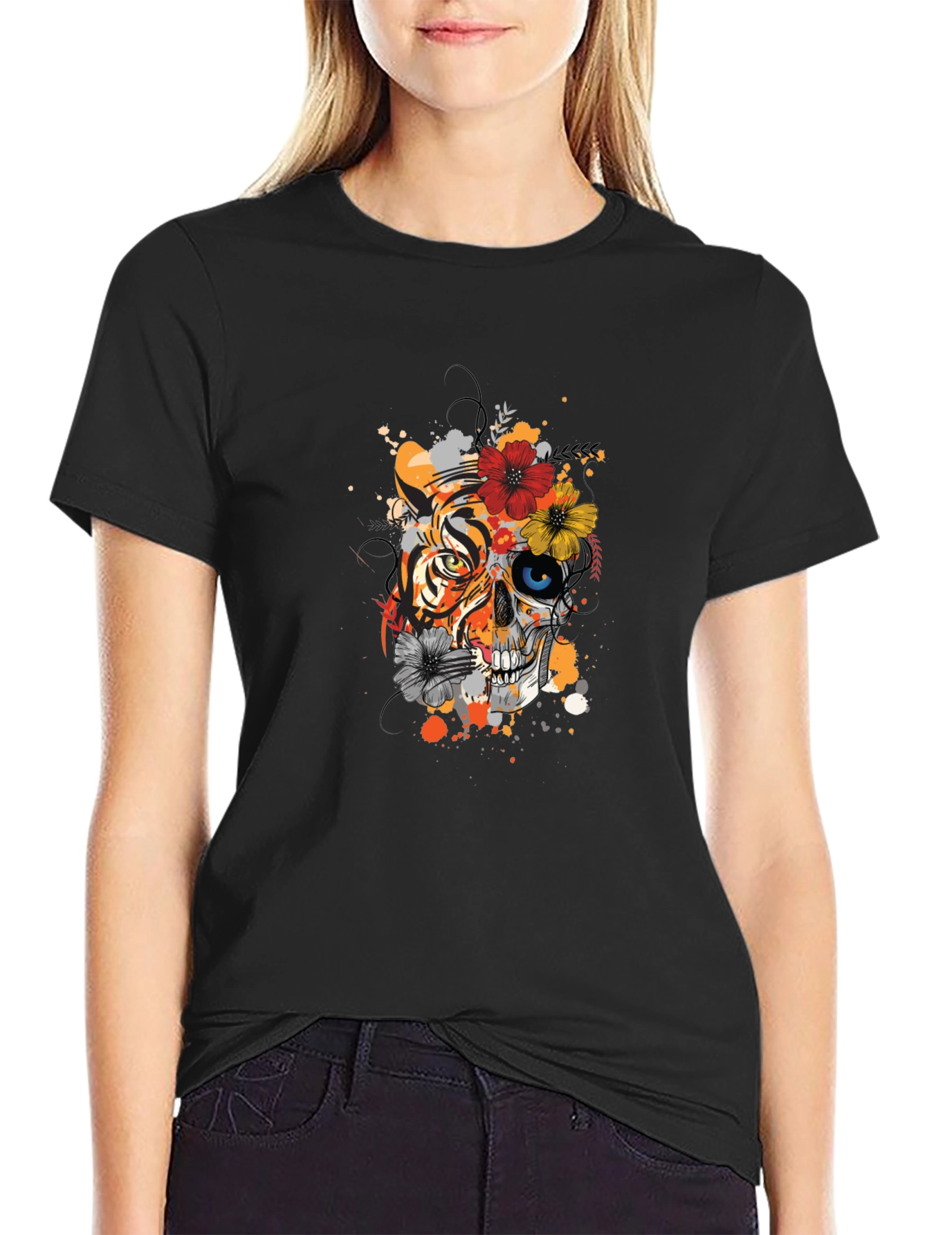 Tiger & Skull Floral Graphic T-Shirt