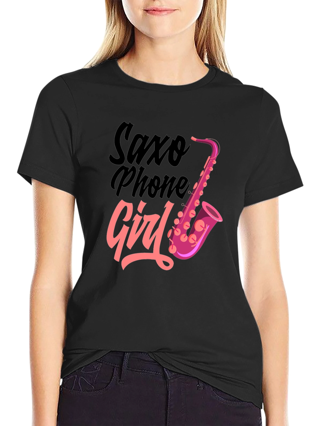 Saxophone Girl Graphic T-Shirt - Black