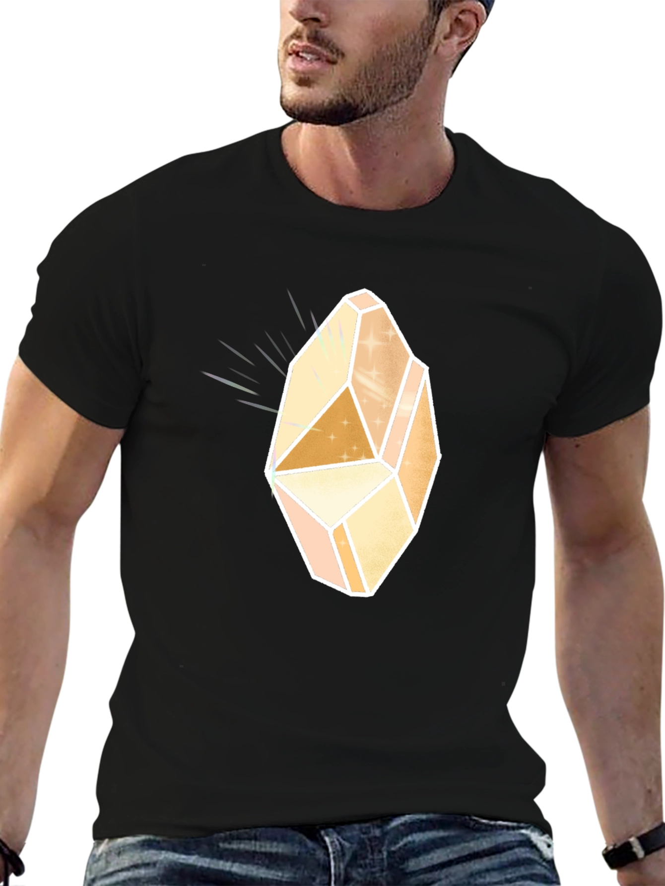 Mens Black T-Shirt with Geometric Crystal Graphic