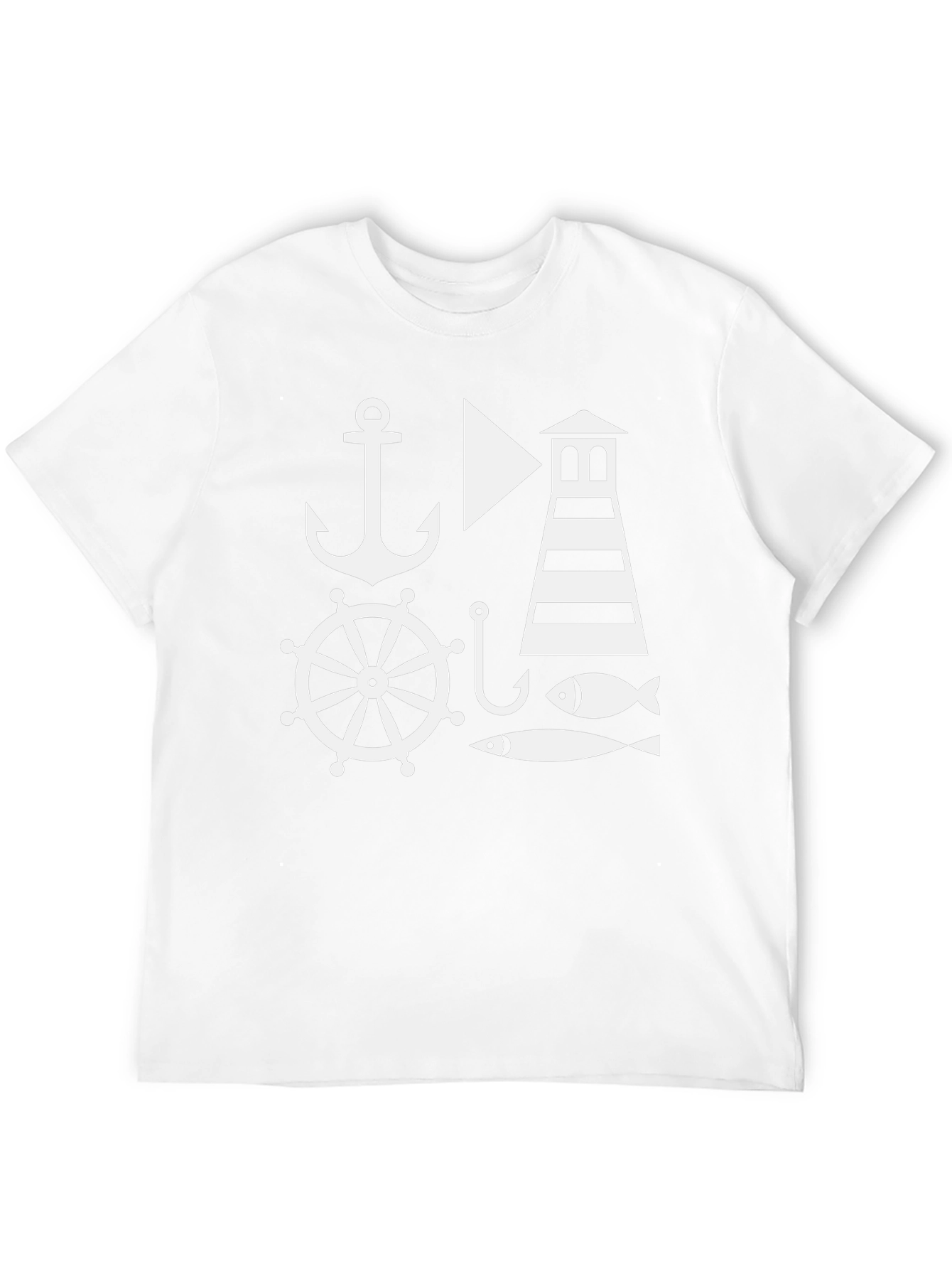 Nautical Theme Mens Black T-Shirt: Anchor Lighthouse Fish
