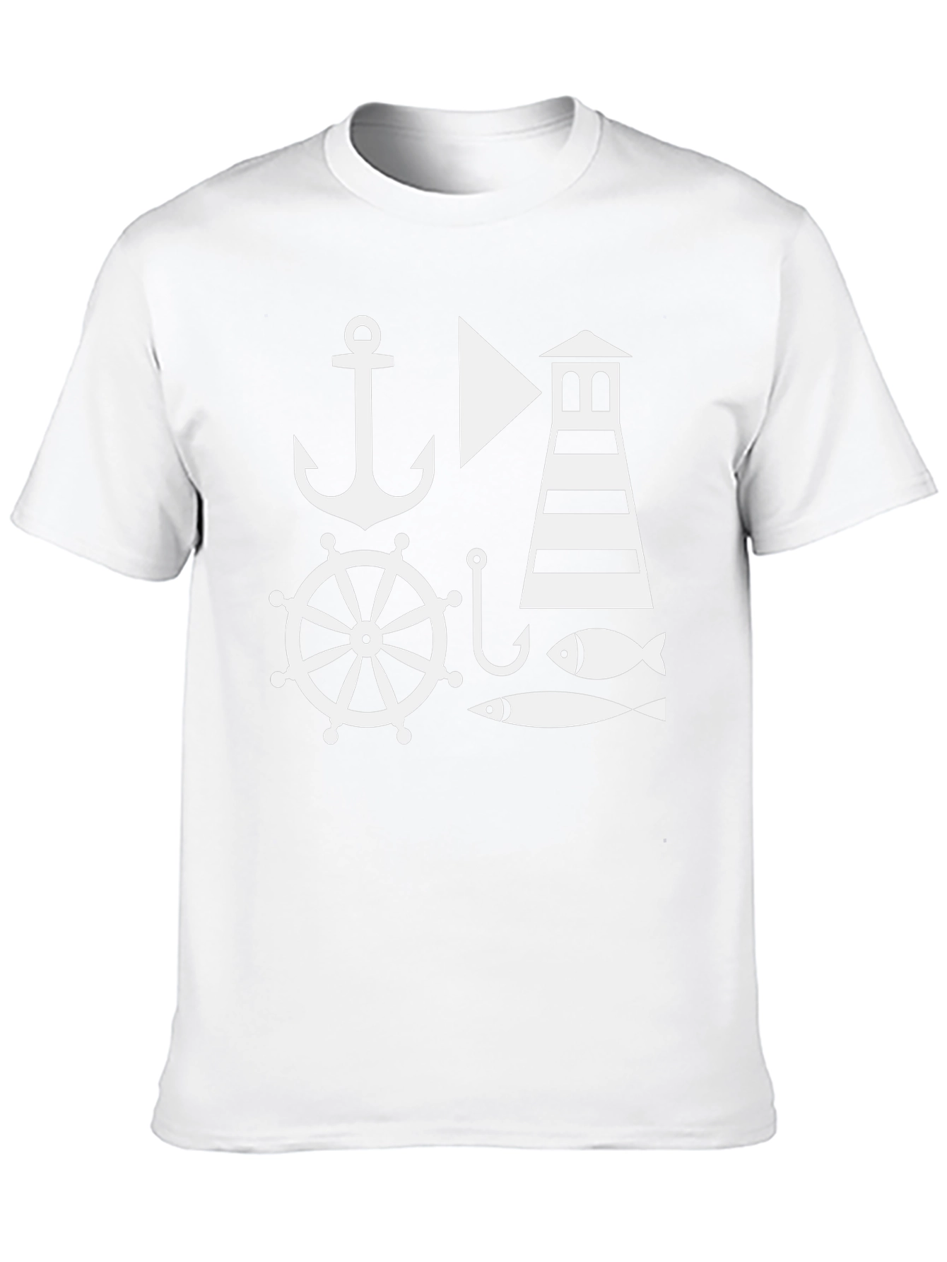 Nautical Theme Mens Black T-Shirt: Anchor Lighthouse Fish