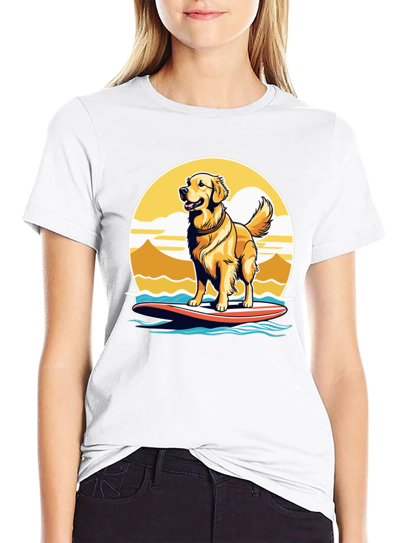 Surfing Dog Graphic Tee - Golden Retriever on Surfboard
