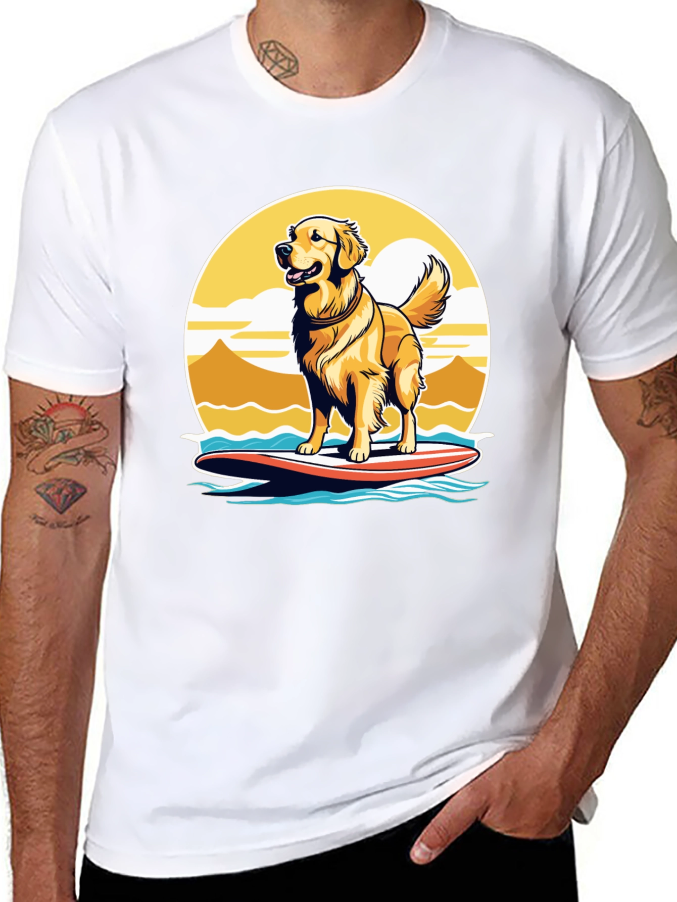 Surfing Dog Graphic Tee - Golden Retriever on Surfboard