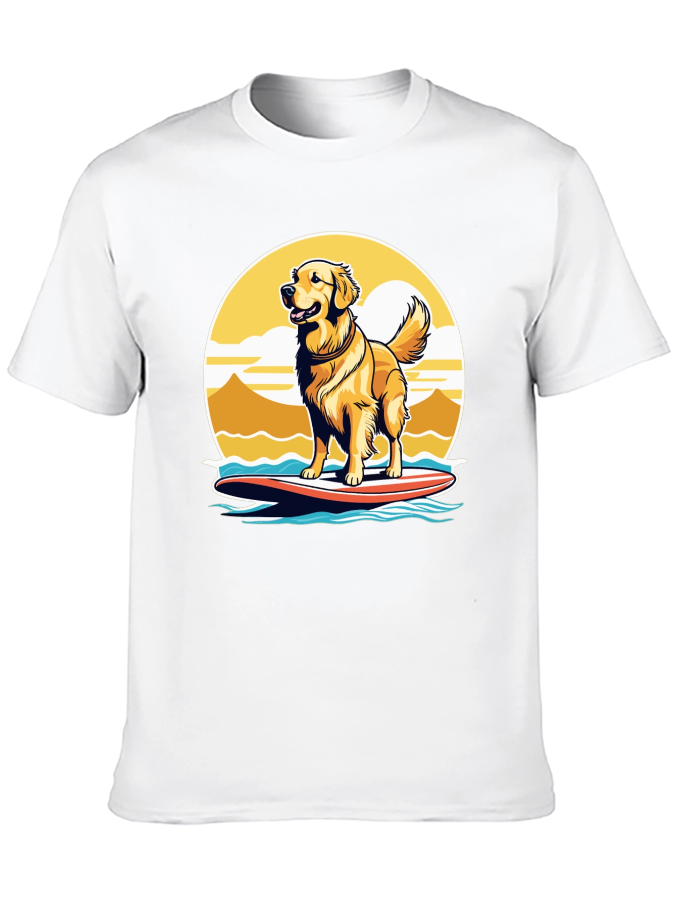 Surfing Dog Graphic Tee - Golden Retriever on Surfboard