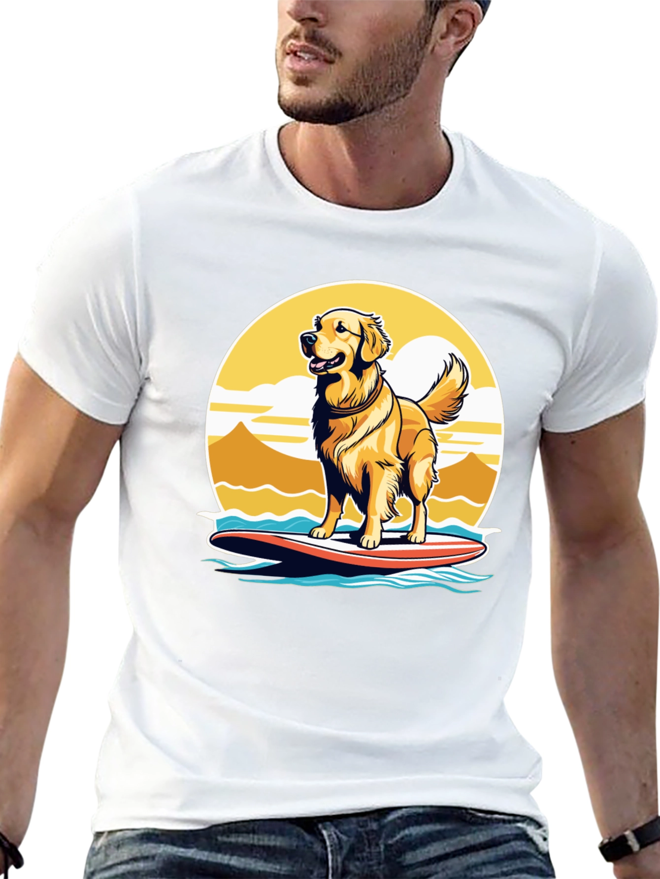 Surfing Dog Graphic Tee - Golden Retriever on Surfboard