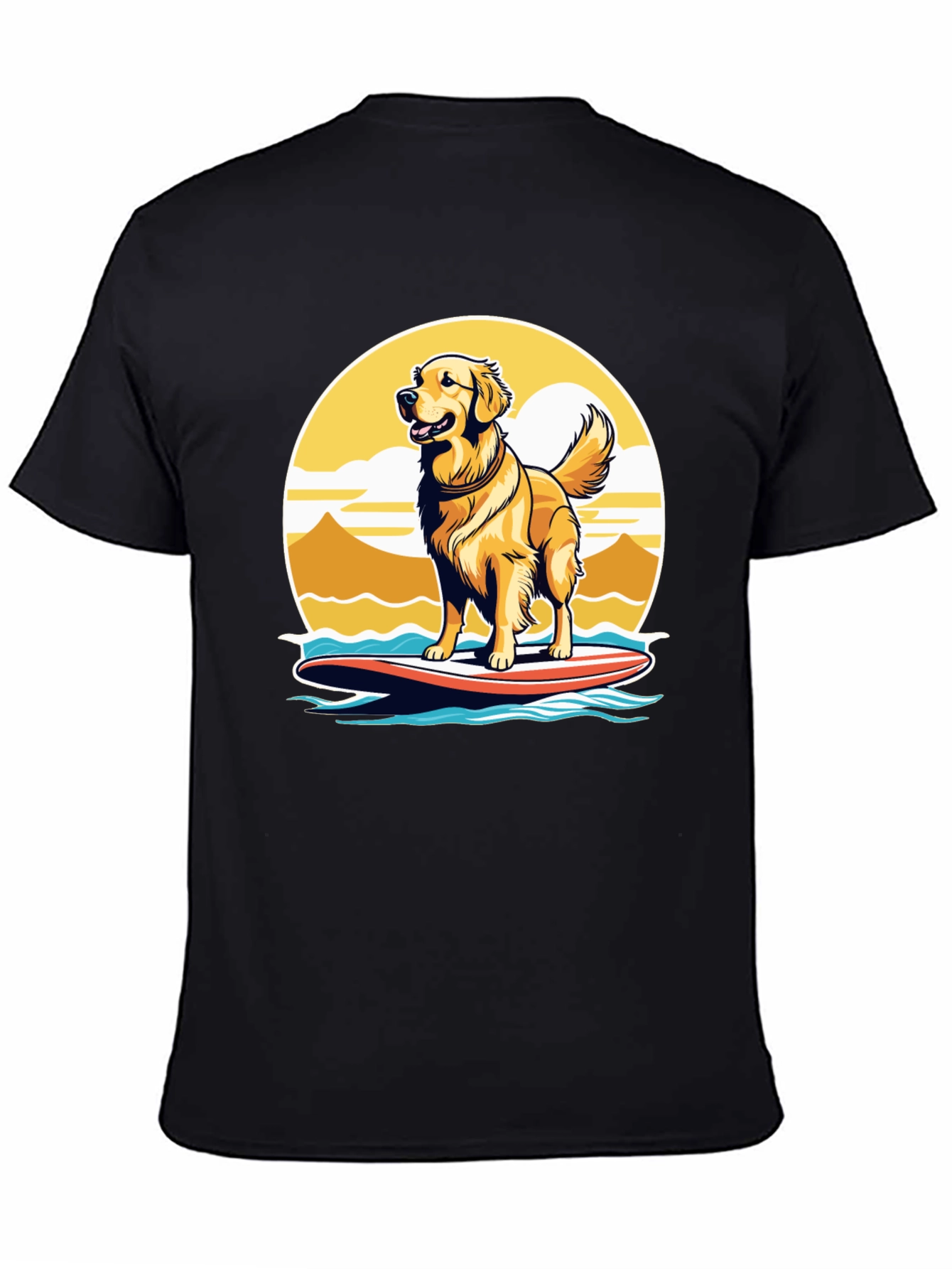 Surfing Dog Graphic Tee - Golden Retriever on Surfboard