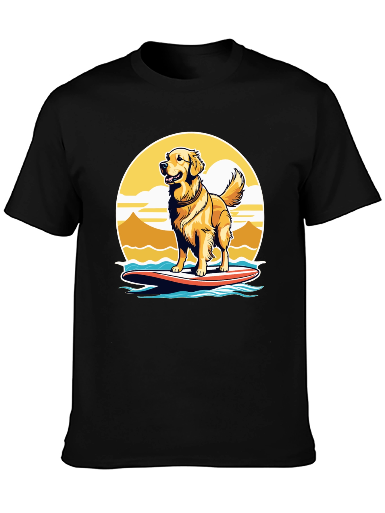 Surfing Dog Graphic Tee - Golden Retriever on Surfboard