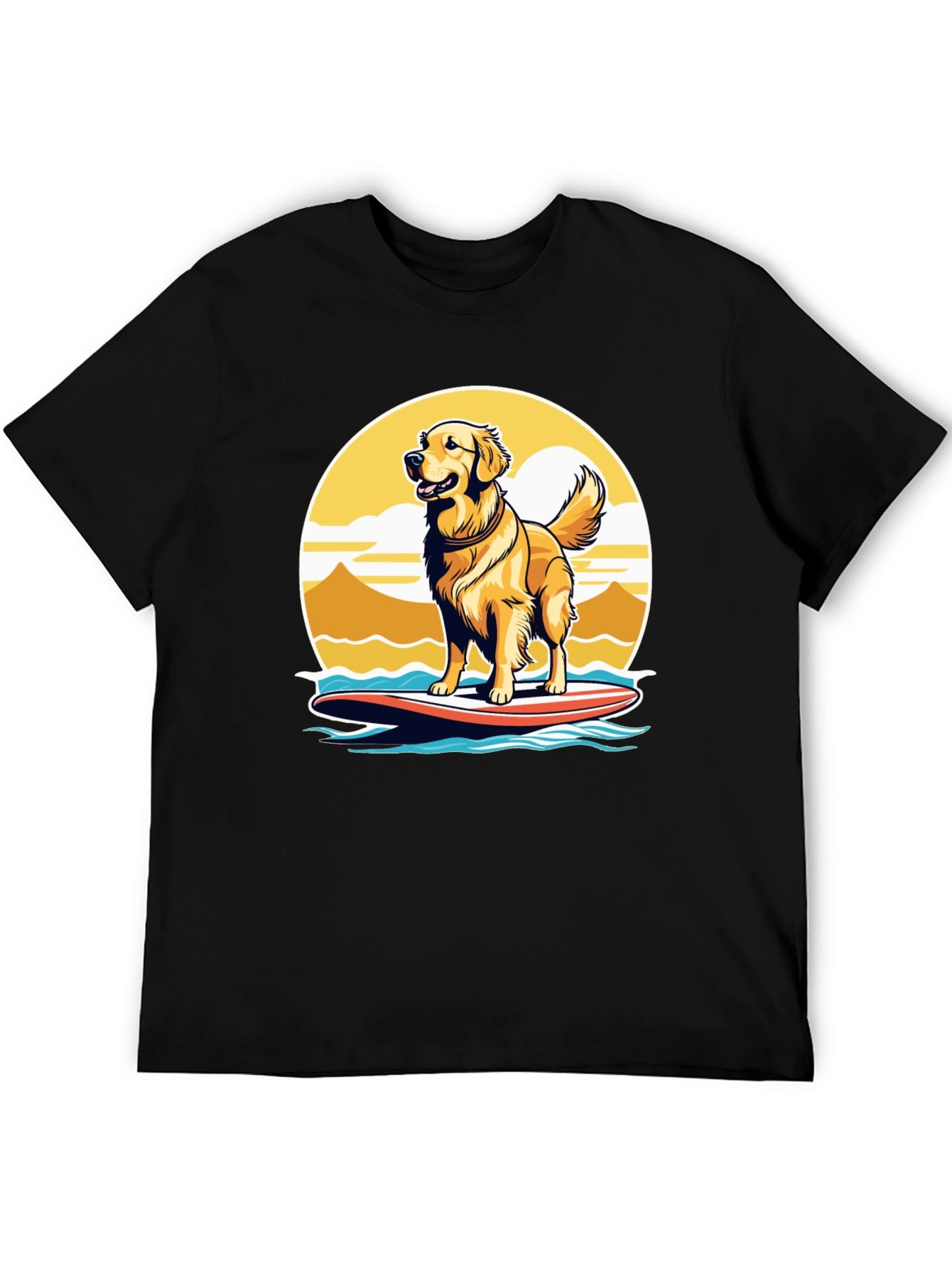 Surfing Dog Graphic Tee - Golden Retriever on Surfboard