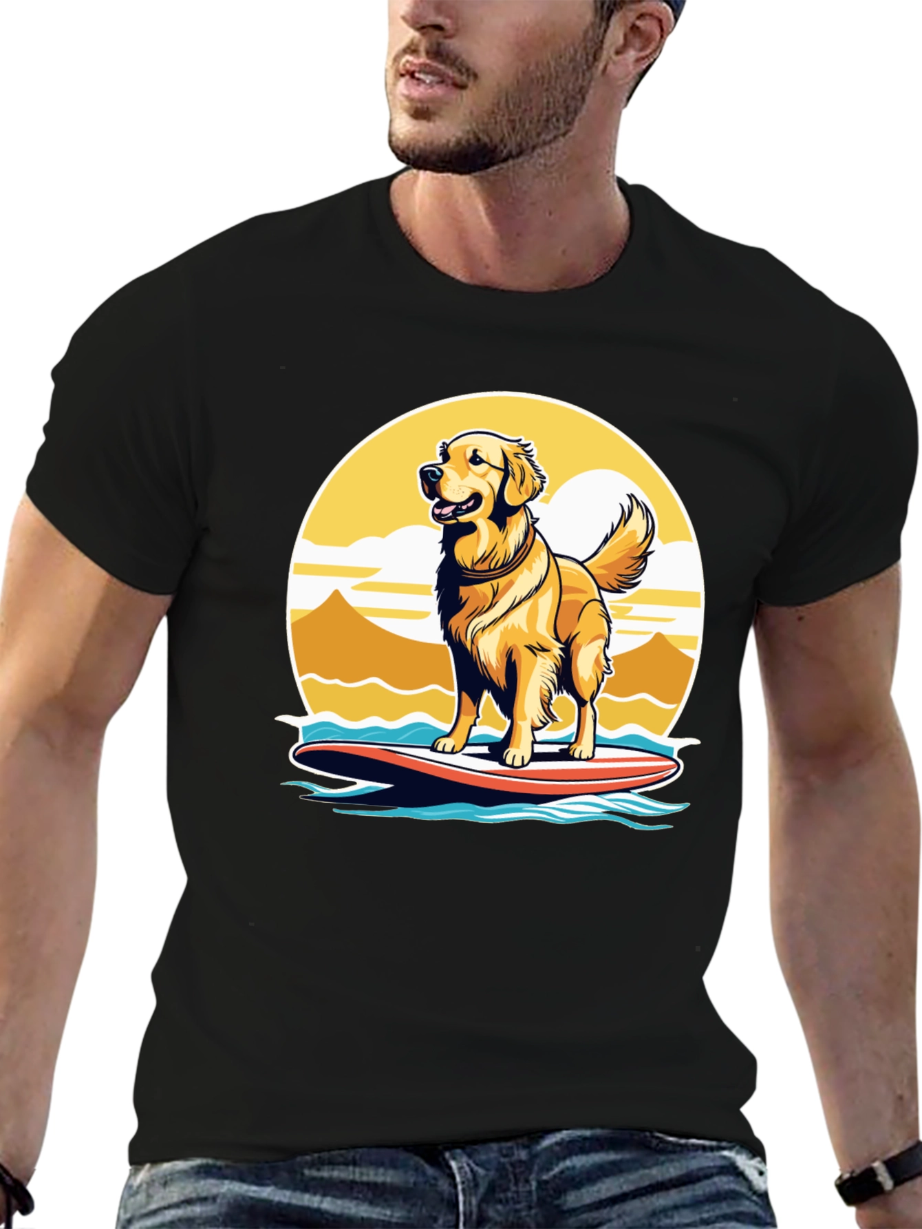 Surfing Dog Graphic Tee - Golden Retriever on Surfboard