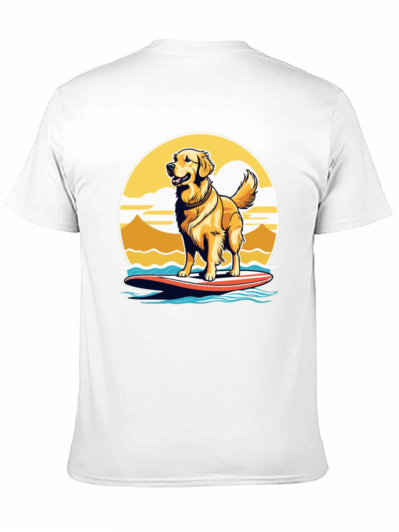 Surfing Dog Graphic Tee - Golden Retriever on Surfboard