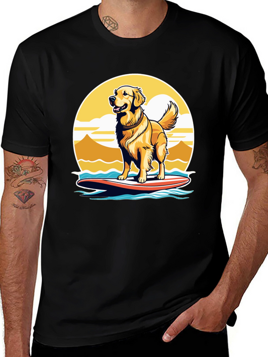 Surfing Dog Graphic Tee - Golden Retriever on Surfboard