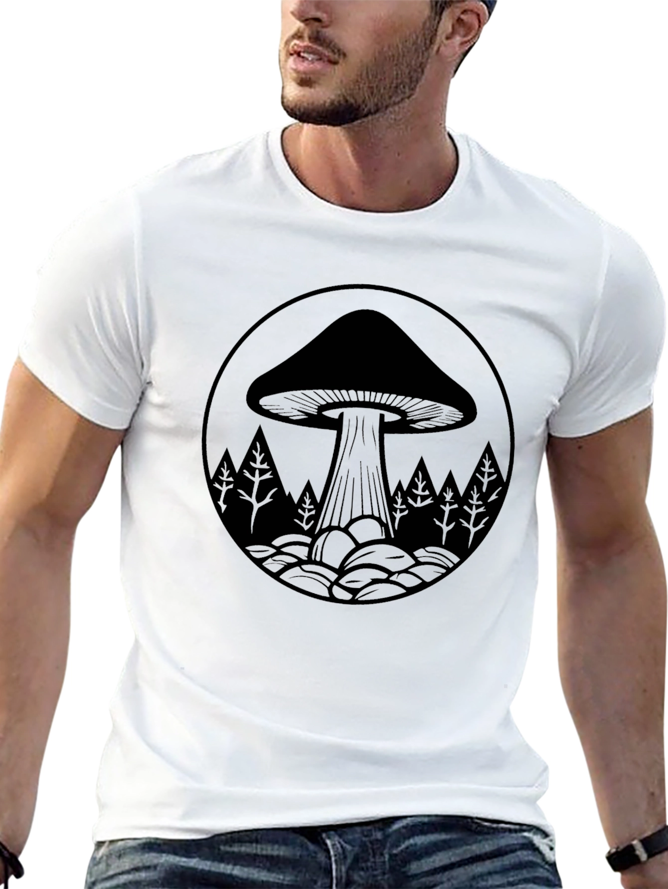 Mushroom Forest Graphic Tee - Black Cotton Blend