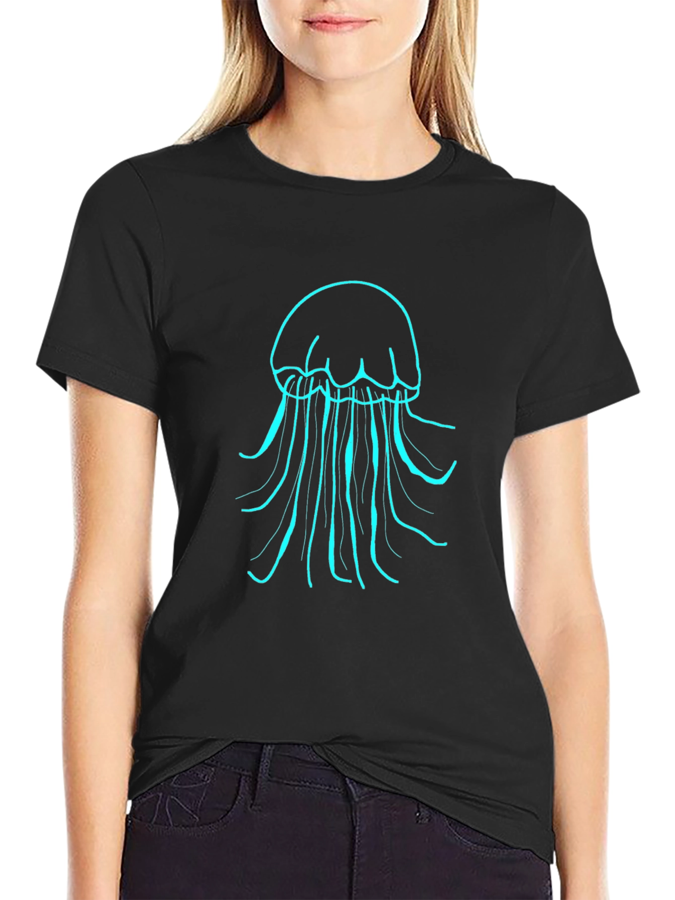 Mens Black T-Shirt with Teal Jellyfish Design