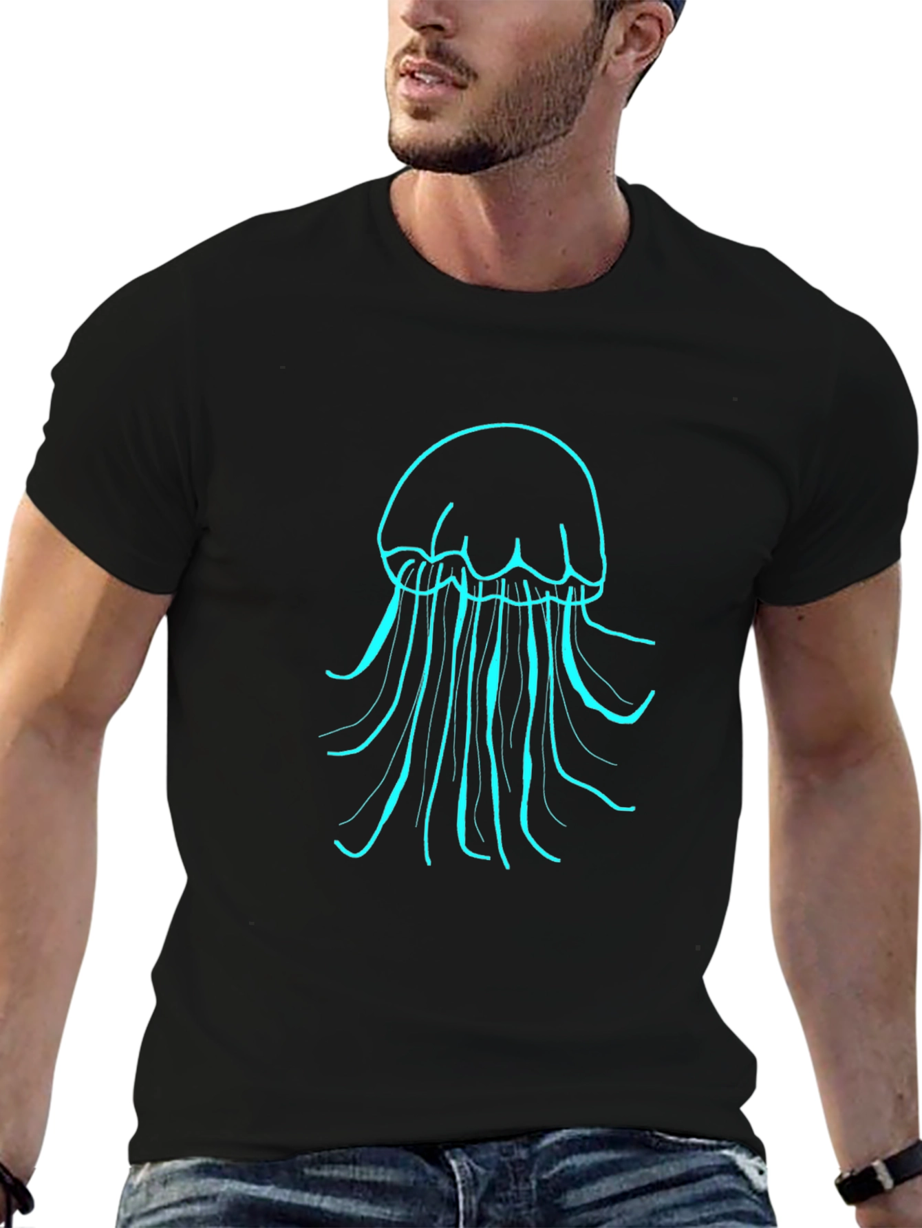 Mens Black T-Shirt with Teal Jellyfish Design