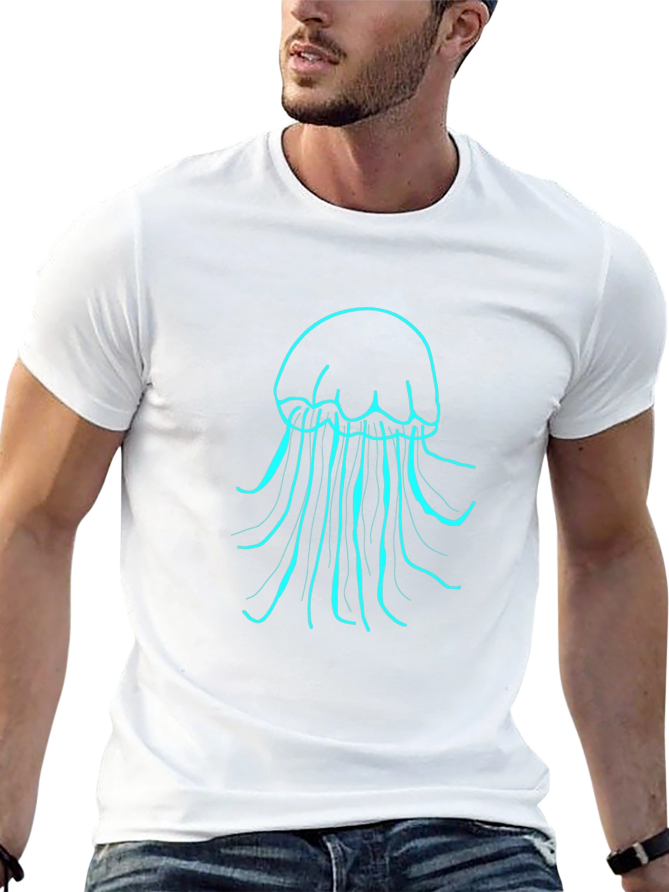 Mens Black T-Shirt with Teal Jellyfish Design
