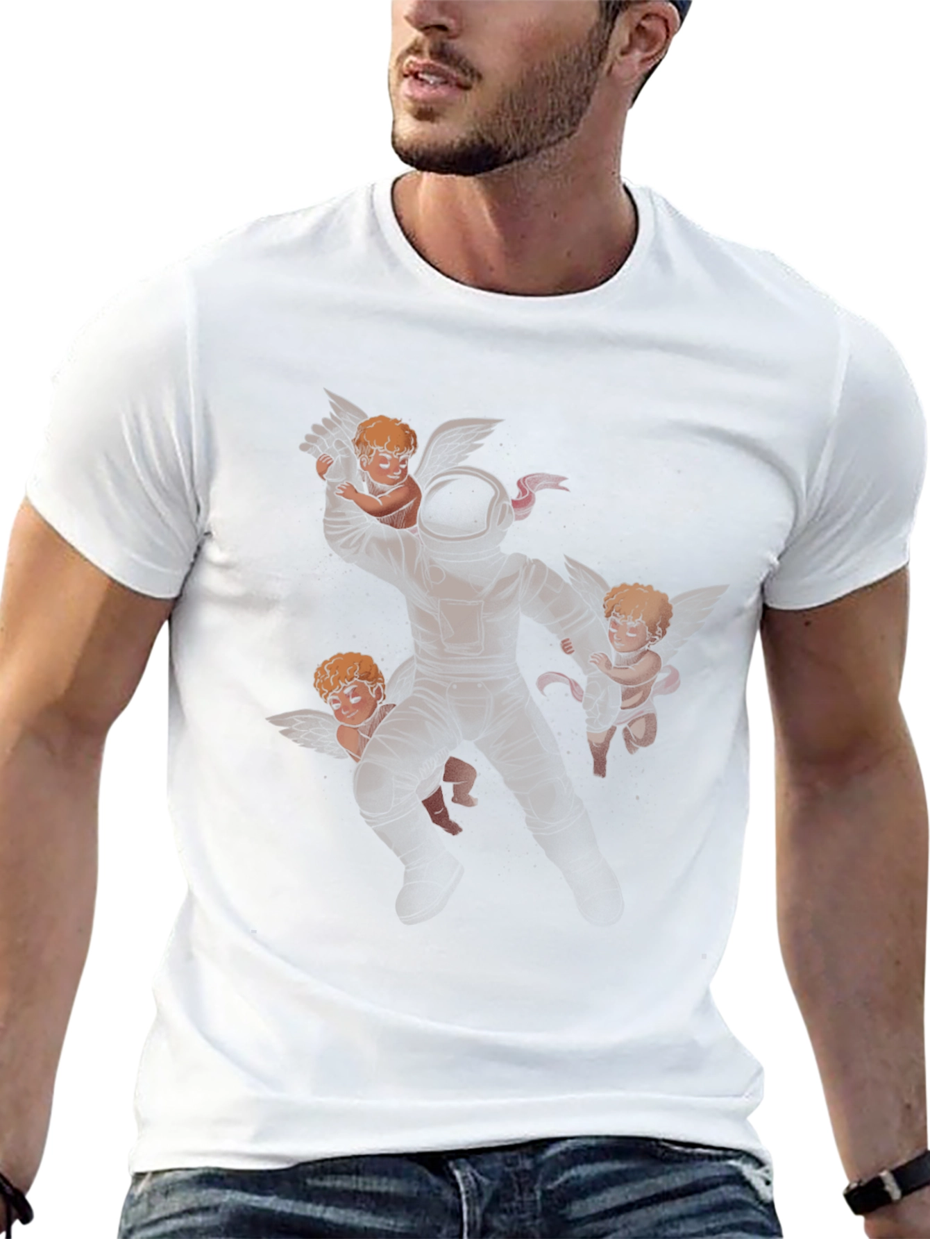 Astronaut and Angels Graphic Print Black T-Shirt