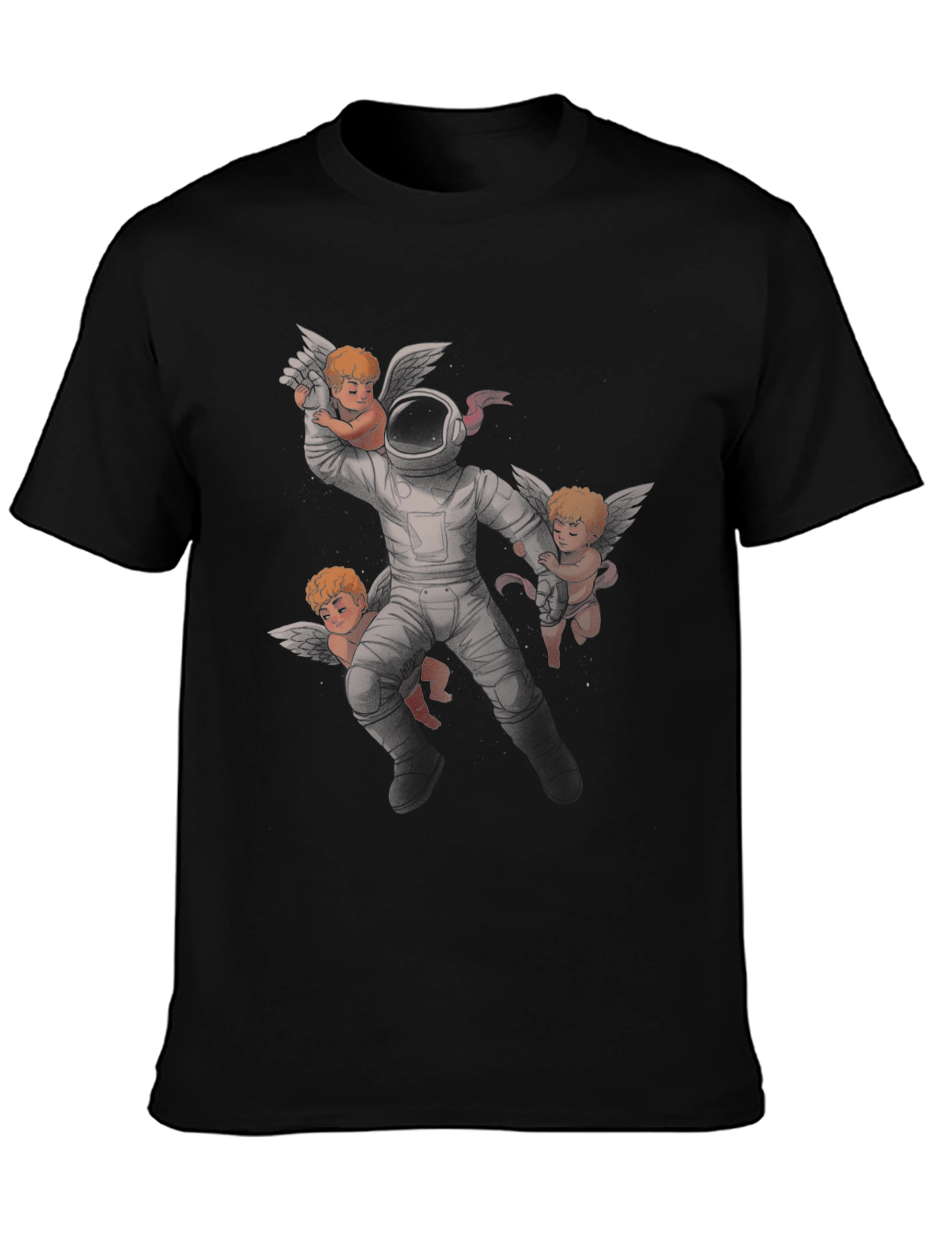 Astronaut and Angels Graphic Print Black T-Shirt