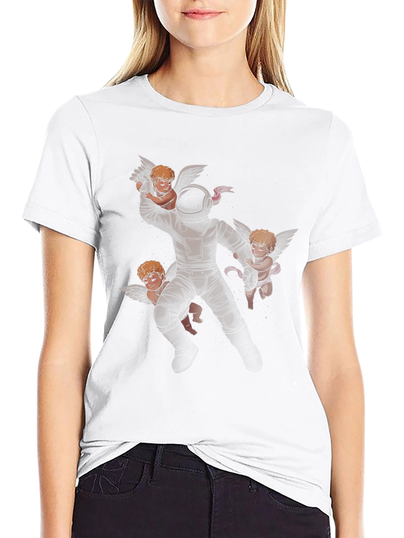 Astronaut and Angels Graphic Print Black T-Shirt