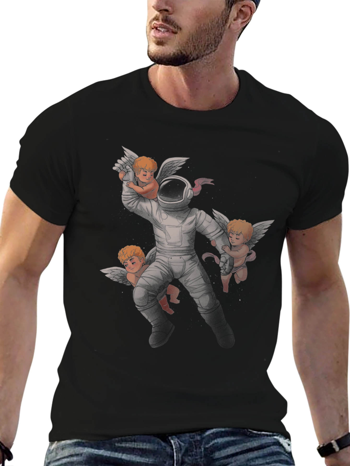 Astronaut and Angels Graphic Print Black T-Shirt