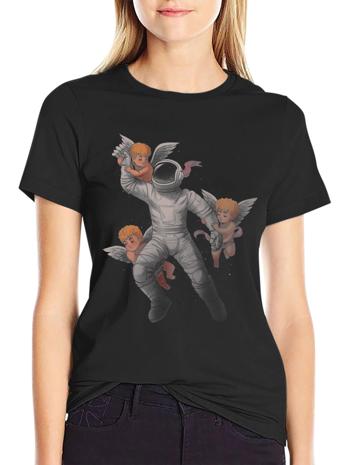 Astronaut and Angels Graphic Print Black T-Shirt