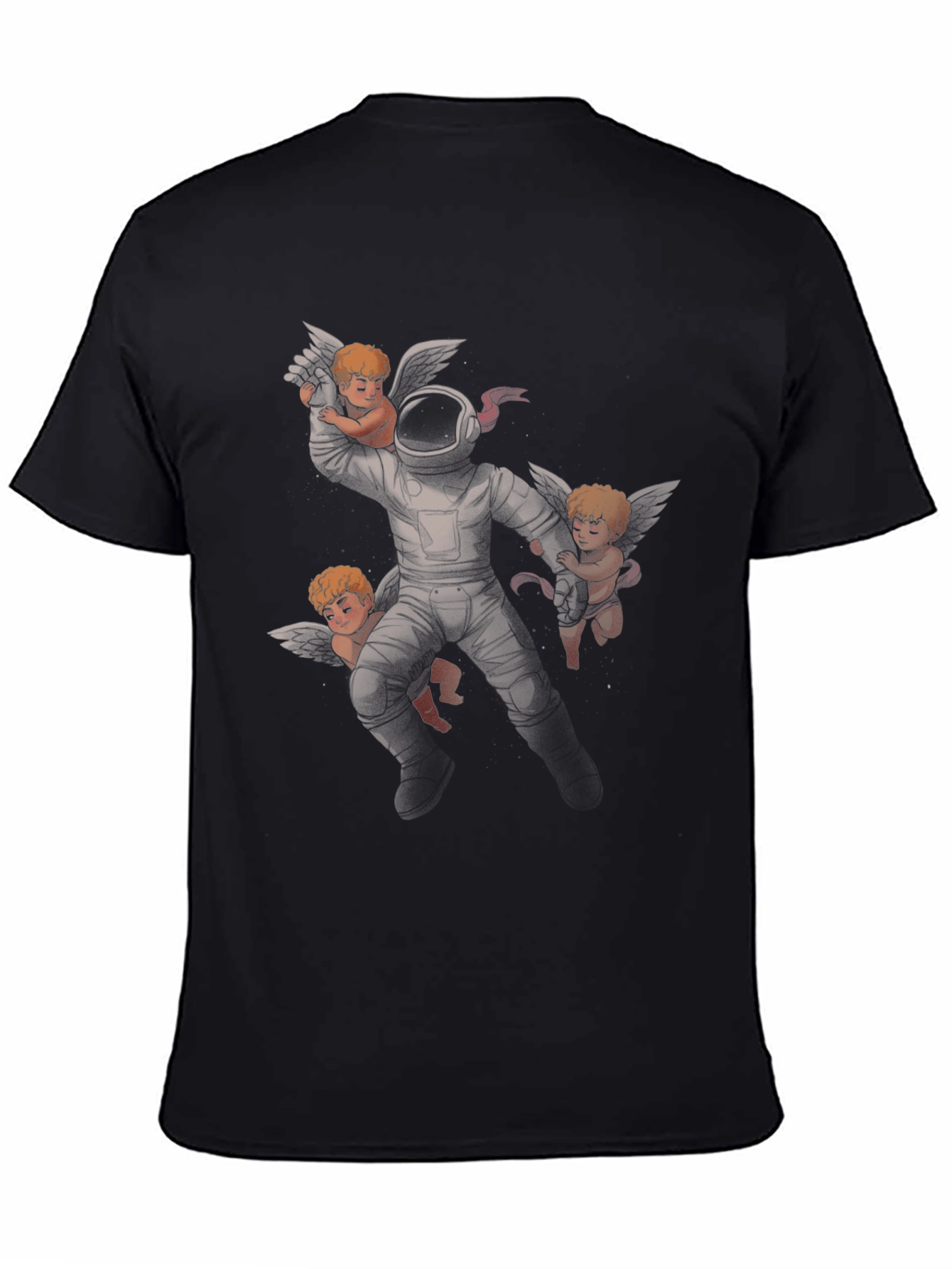 Astronaut and Angels Graphic Print Black T-Shirt
